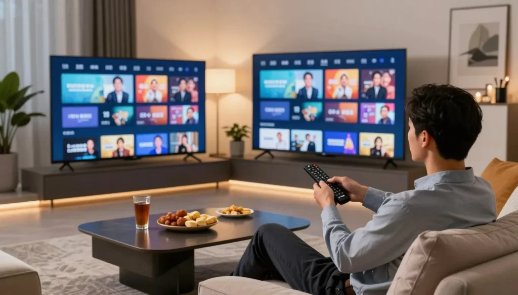 Man using a remote control to navigate a grid-based IPTV streaming interface on two large smart TV screens in a modern living room.
